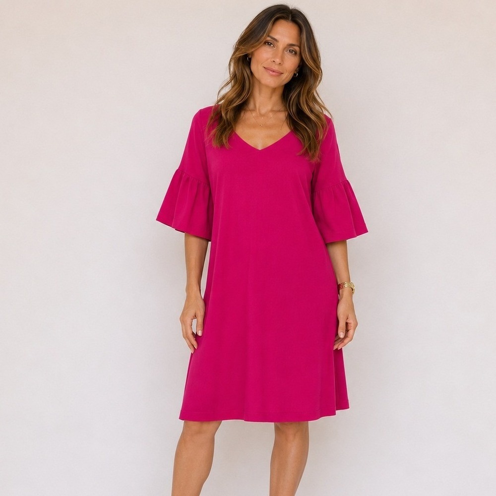 Belongsci Shift Dress Women Large Hot Pink V-Neck Tiered Bell Sleeve Mini